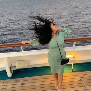 Mint over shoulder long sleeve dress